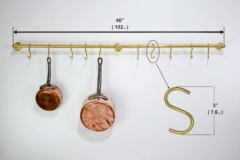 Support mural pour casseroles de cuisine avec crochets en S – Tige en laiton durable pour un rangement et une organisation efficaces