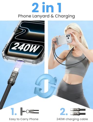 Image of Verilux PD 240W Type C Cable Fast Charging with Lanyard, 3.9Ft /1.2M C Type Charger Cable with 480Mbps Data transfer, Nylon Braided for iPhone 17 /17 Pro /17 Pro Max /16 /15 Series, Galaxy S26 /S25 /S24 /S23
