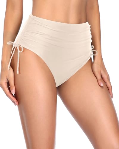 Image of Holipick Women's High Waisted Bikini Bottom | Tummy Control Ruched, Full Bum Coverage, Full Lining, Adjustable Drawstring Tie Side, Swimming, Beach