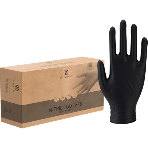 Essentialz Black Nitrile Disposable Gloves XLarge Pack of 100 Latex-Free Powder-Free Food Safe CE Certified Extra Soft & Elastic for Cleaning Cooking Tattoo & Salon