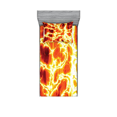 Ambesonne Warm Colors 2 Pack Fitted Sheet & Pillow Sham Set, Lava Print Magma Volcan, 4 Pcs Bedding Decor, Package Contains 2 Twin Size Fitted Sheets & 2 Pillow Covers, Orange Yellow