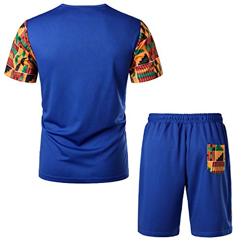 Lucmatton Men's Summer 2 Piece African Pattern Printed T-Shirt And Shorts Set Sports Mesh Tracksuit Dashiki Outfits Royal Blue X-Large #TOP1