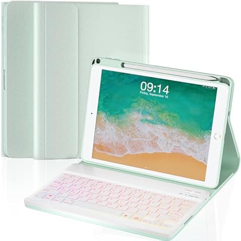 OPAKIT Keyboard Case for iPad 6th Generation 9.7 Inch 2018, 7-Color Backlit Detachable Wireless with Pencil Holder, Stand Folio Cover for Air 2/5th Generation 2013/2017, Green Cover
