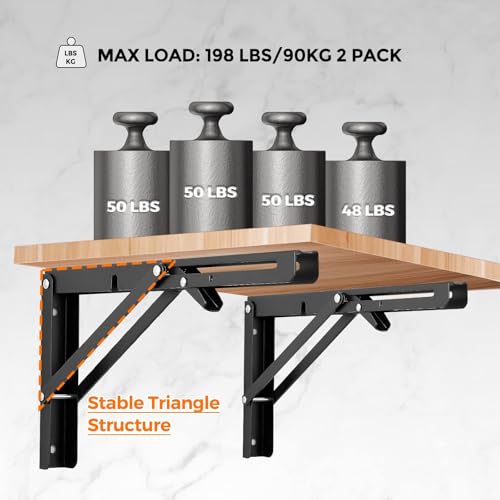 Image of Ravinte 4 Pack 14 Inch Folding Shelf Brackets - Matte Black, Heavy Duty Collapsible Brackets for Tables and Benches - Space-Saving Design