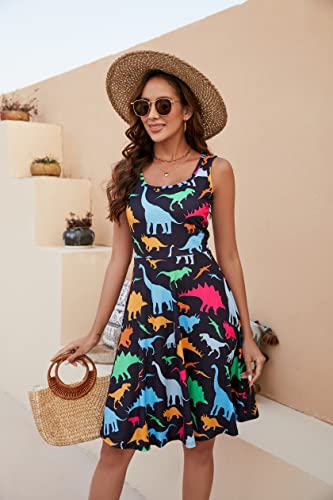 Fanient Womens Dinosaur Print Dress Summer Fun Dress Casual Sleeveless Midi Dress S #TOP1