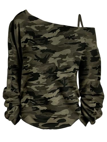 Image of RoseSeek Women's Cold Off Shoulder Denim Print T Shirt Long Sleeve Loose Graphic Tee Tops Camo Green Small