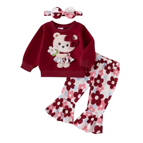 Image of Baby Girl Clothes Fall Winter Long Sleeve Bear Cartoon Sweatshirt Flare Pants Bow Headband Set 6 Months-4 Years Old