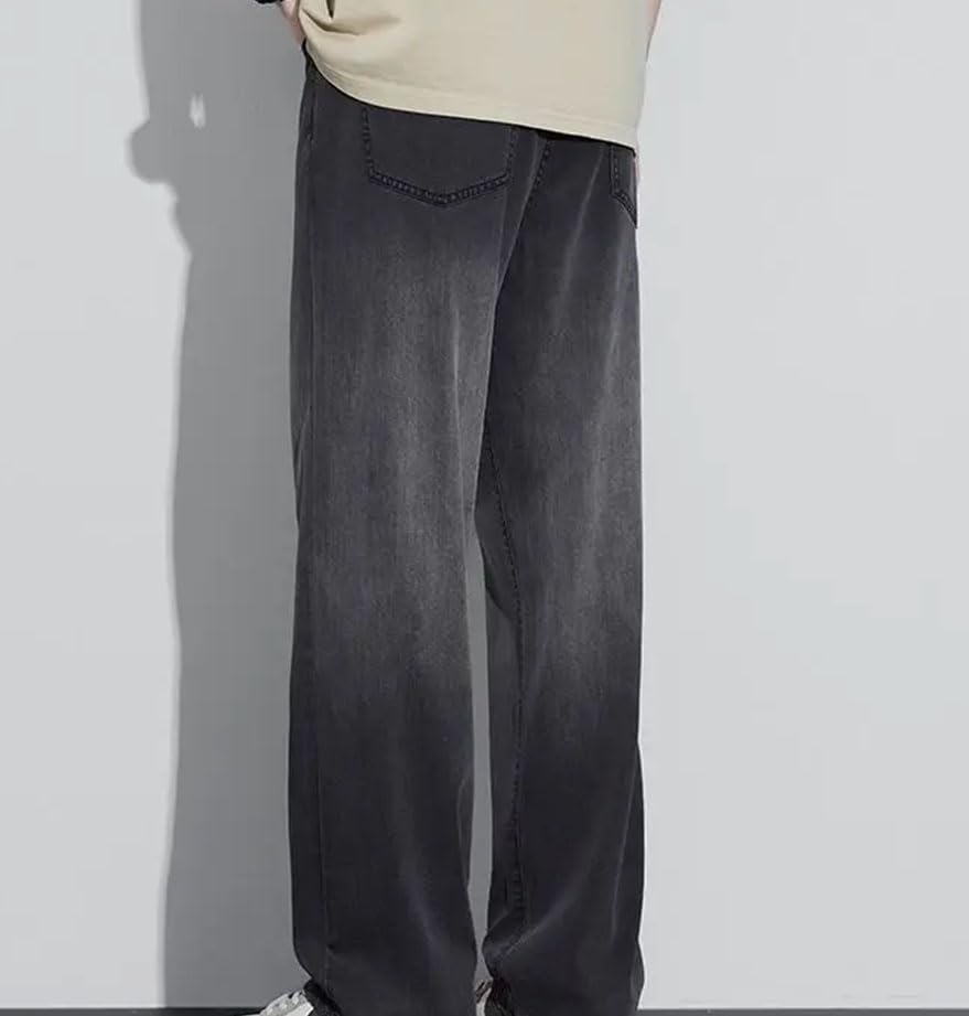 Men’S Straight Jeans Mid Waist Loose Fit Casual Pants Lightweight Gradient Wash with Button Jeans4