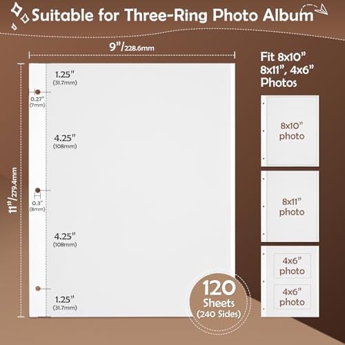 120 PCS Photo Album Refill for PAGES for 3 for RING Binder, 240 for PAGES 9 x 11inch Self Photo DIY Album Scrapbook Refill for PAGES Fits Fit 2x3/4x6/5x7/8x10 inch Photos Stamps Recipe Cards Film