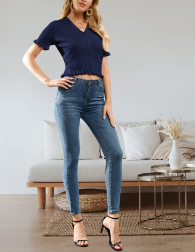 Kate Kasin Womens Summer Vintage V Neck Knit Buttom Down Cardigan Tops Ruffle Short Sleeve Blouse Shirts Navy Blue Xxl #TOP4