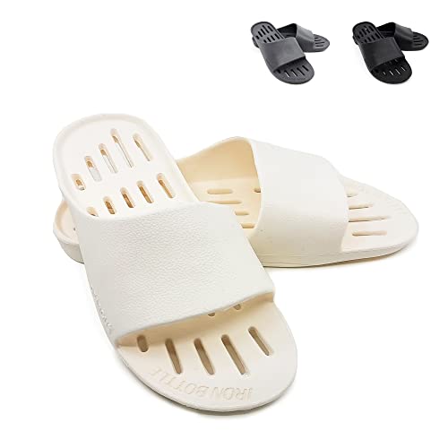 Iron Bottle Ultralight Shower Shoes Men & Women for College Dorm. Non Slip Gym Bath Slippers made of EVA Rubber (White, L)