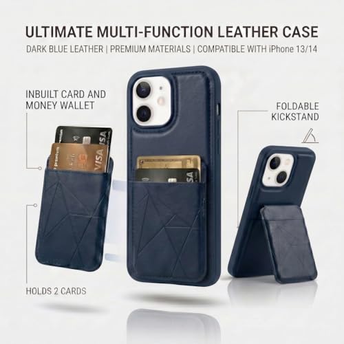 Image of amazon basics Premium Vegan Leather Back Cover with Card Holder and Integrated Mobile Stand for iPhone 13 - Slim Shockproof Wallet Case with Geometric Stitching [Blue]