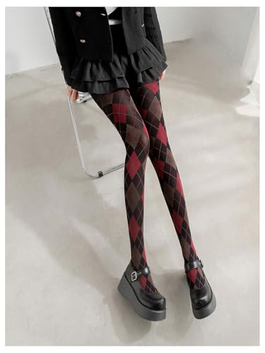 Verdusa Women's Argyle Plaid Mesh Sheer Tights Design High Waisted Preppy Stockings Pantyhose Rose Red One Size