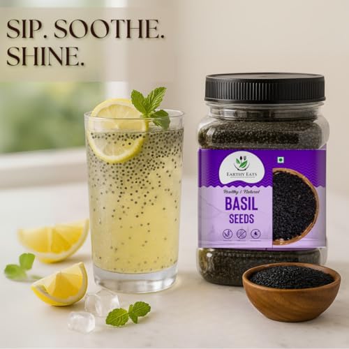Image of Earthy Eats Raw Basil Seeds 1kg | Sabja Seeds | Reduce Body Heat | Tukmaria Seeds for Weight Management, Smoothies, Falooda | High in Fibre & Omega 3 | Natural and Unprocessed (Pack Of 1)