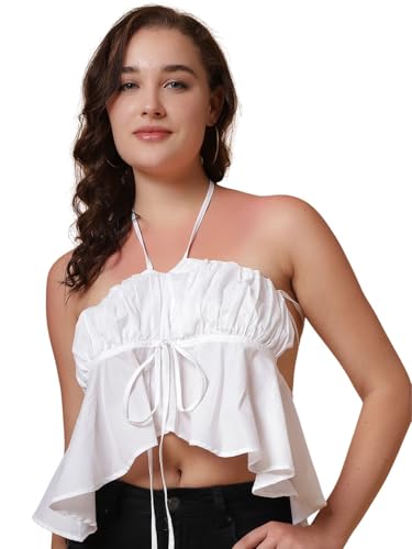 Image of Women's Poplin Ruffled Halter Neck Crop Top | Lightweight Summer Sleeveless Top
