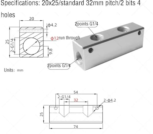 Bloque distribuidor G1/4 con dientes divididos 20 x 25 de paso recto 3