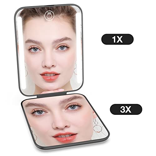 Kintion Rechargeable Pocket Mirror, 1X/3X Magnification Led Compact Travel Makeup Mirror, 3 Color Temperature, Dimmable, 250Mah, Portable Compact Mirror, Small Purse Mirrors For Women Gift, Black #TOP2
