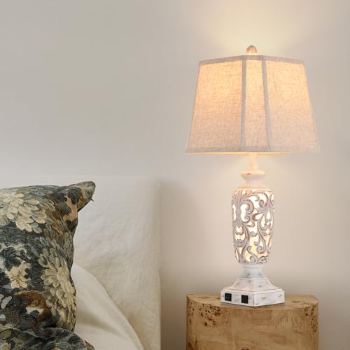 Liyicha Living Room Lamps Set Bedside Lamp Farmhouse Rustic Lamp Bedroom for Nightstand Lights Set of 2 with USB A+C Ports Palace Lampshade (White Wash,28-in High) by Liyicha - Used condition - Image 2