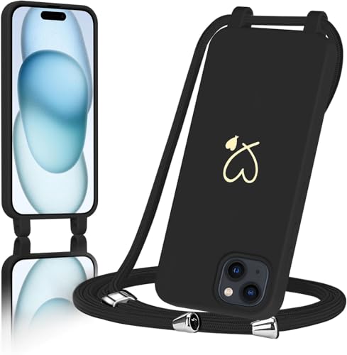 AoozeFon Handyband für iPhone 15 Hülle mit Band Handyhülle Silikon mit Goldenem Herzmuster für iPhone 15 Abnehmbare Stoßdämpfend Handytasche mit Nylon-LanyardSchwarz