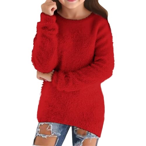 duxyoz Sweaters for Girls Casual Lightweight Long Sleeve Fuzzy Pullovers Loose Fit Fluffy Soft Jumper Sweater Fleece Crewneck Warm Cozy Plush Tops Wine 7-8 Years