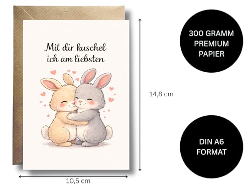 WBdesignz Liebeskarte mit Umschlag -Kuschelkarte mit zwei Hasen „Mit dir kuschel ich am liebsten“ - liebevolle Grußkarte für Freundin, Partner, Familie - Geburtstag - romantisch mit Herzchen (DIN A6)