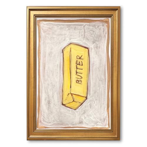 Butter Kitchen Canvas Wall Art 24X36 Inch Gold Framed Vintage Rustic Funny Food Poster Yellow Butter Art for Farmhouse Dining Room and Living Room Home Wall Decor