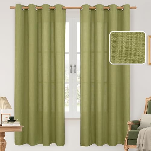 Image of LAMIT Moss Green Linen Curtains 72 inches Long for Bedroom, Grommet Thick Linen Textured Privacy Drapes Light Filtering Christmas Curtains for Farmhouse /Living Room, Set of 2 Panels, 52 x 72 Inch