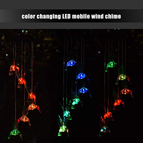 WERTIOO Solar Hummingbird Wind Chime Color Changing Solar LED String Lights Outdoor Mobile Hanging Patio Light