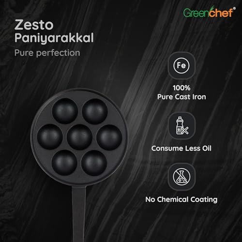 Image of GREENCHEF Pre-Seasoned Cast Iron Zesto Paniyarkkal 7 Pits | Pre-Seasoned with 100% Vegetable Oil | Naturally Nonstick | High Pressure Casting | High Strength | Bring Back Nostalgic Taste | Toxin-Free