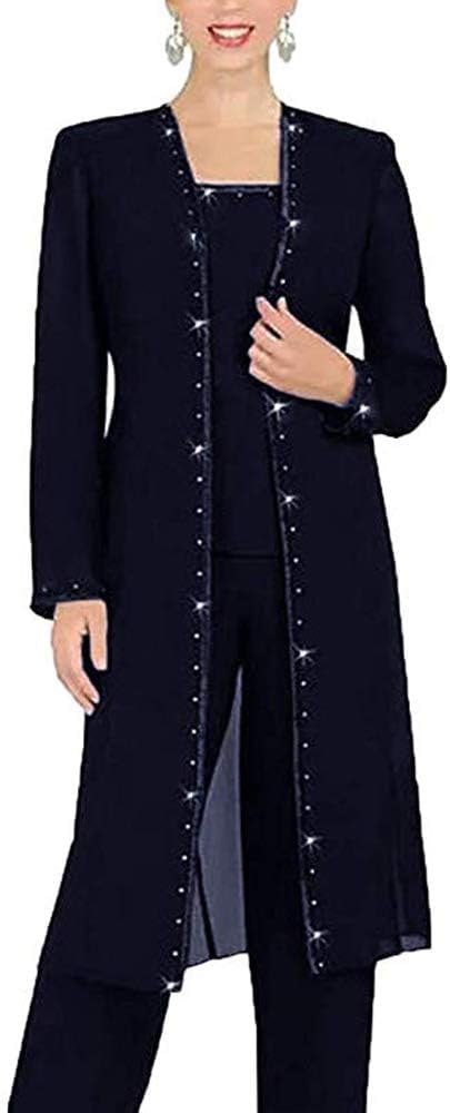 Leader of the Beauty 3 Piece Chiffon Beaded Pant Suits Mother of The Bride Pant Suits with Long Jacket for Women Formal 20 Black