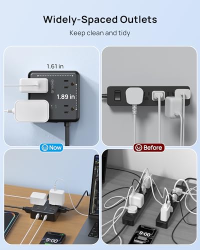 Image of TROND Surge Protector Power Strip, 10FT Flat Plug Extension Cord with 8 Outlets & 4 USB Ports (3 USB C), 1625W, Wall Mount Outlet Extender for Home Office Dorm Room Essentials, Black