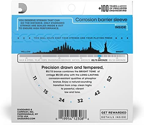 D'Addario Struny do gitary westernowej | struny gitarowe gitara akustyczna | struny do gitary akustycznej | NAJLEPSZA marka strunowa na całym świecie | EZ910 | 85/15 brąz | Light (11-52)
