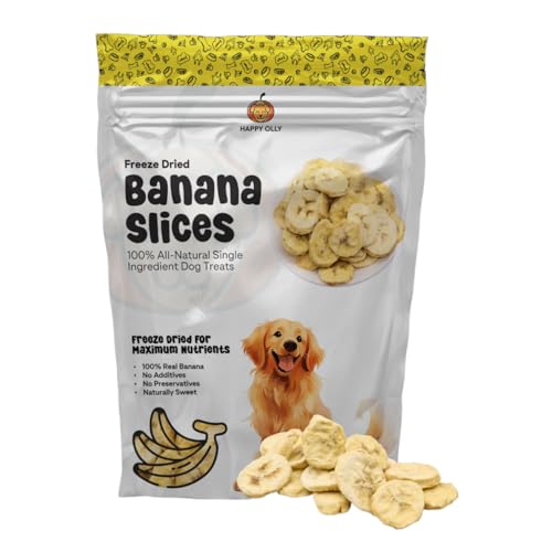 Happy Olly Freeze-Dried Banana Slices for Dogs | 100% Natural Single-Ingredient, Freeze Dried, Vegan Dog Treats | Grain-Free & Gluten-Free | Healthy, Digestive Support | 3 oz Bag