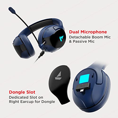 Image of Boat Immortal IM 1300 Wireless Gaming Over Ear Headphones with 2.4GHz Ultra Low Latency Mode(Upto 35ms), Bluetooth Mode, 3D Spatial Audio, BT v5.1, Dual Mics, Dongle Slot(Phantom Blue)