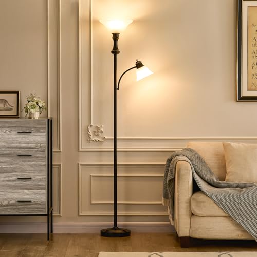 Image of Torchiere Floor Lamp with Adjustable Angle Reading Lamp-Black 71IN