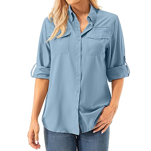La Mejor Recopilación de Ropa de Pesca para Mujer los 5 mejores. 43 Safari - Camisas de sol para mujer, protección solar UPF 50+, protección solar UV, manga larga, secado rápido, pesca, senderismo, jardinería, Azul, M