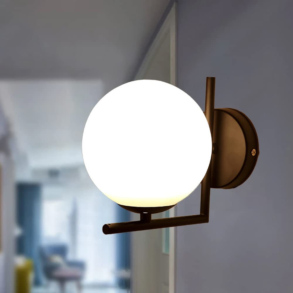 Mengjay Black E27 Indoor Ball Led Wall Light Retro Round Glass Shade Wall Lighting Creative Metal Wall Light Hallway Living Room Bedside Table Restaurant Kitchen Dining Room Study Aisle Cupboard Cafe Loft (Black)