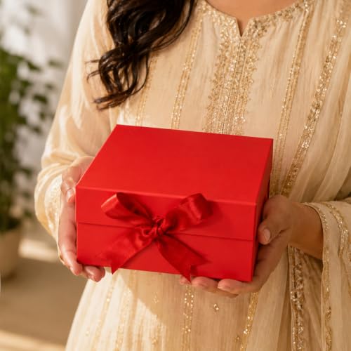 Image of Kura by Ekhasa Foldable Large Multipurpose Gift Hamper Box (21.5 x 21 x 9.5 cm) with Magnetic Closure & Ribbon | Red Rigid Cardboard Empty Reusable Packing Box | Birthday, Wedding & Festive Gifting