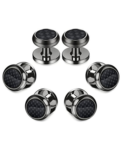 LOYALLOOK 8pcs Mens Carbon Fiber Cufflinks and Shirt Studs Set Tuxedo Shirts Business Wedding Silver Black Gold Tone4