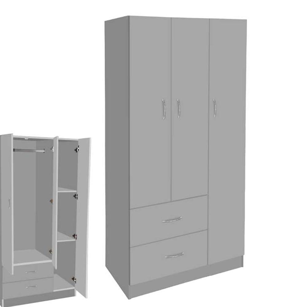 Armadio Guardaroba 80x50x180h CM - 3 Ante, 2 Cassetti, Ripiani, Appendiabiti Alto, Maniglie, Struttura in Legno Truciolare, Spazioso, Salvaspazio, Cabina Armadio, Camera - (Grigio)