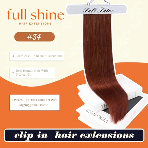 Image of Full Shine Seamless Clip in Hair Extensions Human Hair, Copper Mahogany | 24 Inch 120g 8 Pcs, PU Skin Invisible Weft, Ultra-Long Full Volume for Luxury Long Hair Styling, Adds Thickness, Secure Hold