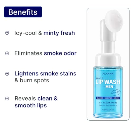 Image of ALANNA Lip Wash for Men | Advanced Foaming Lip Scrub & Exfoliator for Dry, Dark & Lip Pigmentation | Remove Chapped Lips & Sun Tan | 1% PHA & .5% Ferulic Acid - Brightening Lip Care for Smokers, 20ml