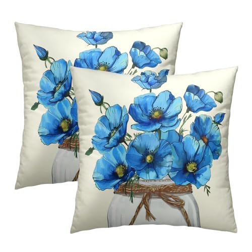 Blue Poppy Throw Pillow Covers 18x18 Inch Set of 2 Watercolor Sum...