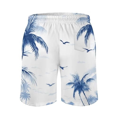Men Drawstring Elastic Waist Swim Trunks Dark Palm Pattern Beach Board Shorts4