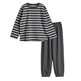 パジャマ ボーイズ 綿100% Tシャツ素材 柔らかい 快適 上下セット 長袖 シンプル ボーダー 春 夏 秋 通年 チャコール 160サイズ