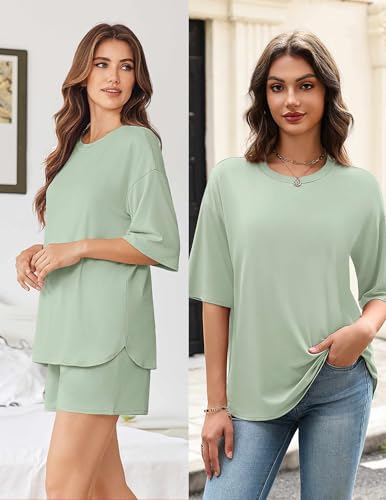 Image of Ekouaer Women's Two Piece Lounge Set Oversized Boxy T-shirt Casual Short Sets Summer Travel Matching Set 2026 Fashion