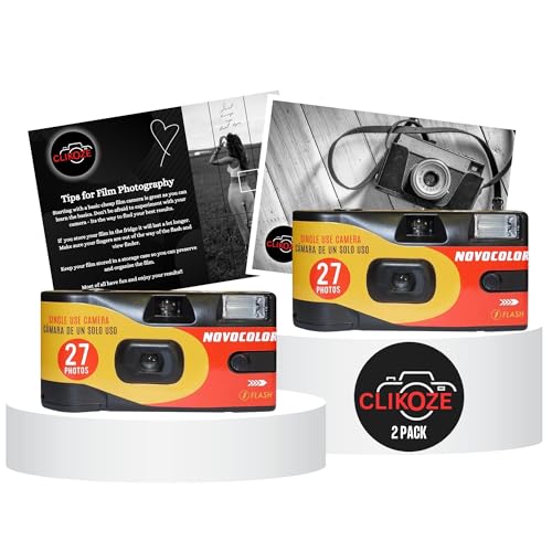 Disposable Camera Twin Pack Bundle with Novocolor Single-Use Film Camera 27 Exposures and Clikoze Photography Tips Card