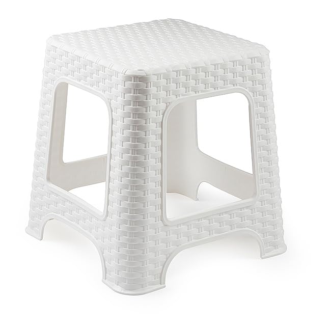 CABLEPELADO Taburete de Rattan y Plástico Multiusos, Apilable con Imitación de Mimbre, Altura 33 cm x Ancho 32 cm, Blanco