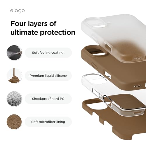 Image of elago Compatible with iPhone 16 Case, Premium Liquid Silicone Case, Full Body Protective Cover, Shockproof, Slim Phone Case, Anti-Scratch Soft Microfiber Lining, 6.1 inch (Brown)