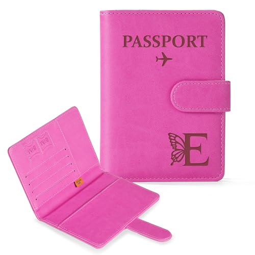 COSHAYSOO Initial RFID Passport Holder for Travel Women Passports Cover Case Air Essentials Airplane Flight Accessories Airline Plane Flying Must Haves Christmas Gift Butterfly Letter Hot Pink E